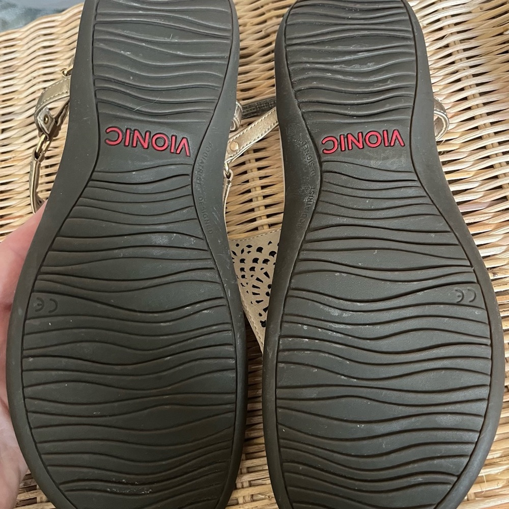 Vionic Gold Laser-Cut T-Strap Sandals - Picture 3 of 3
